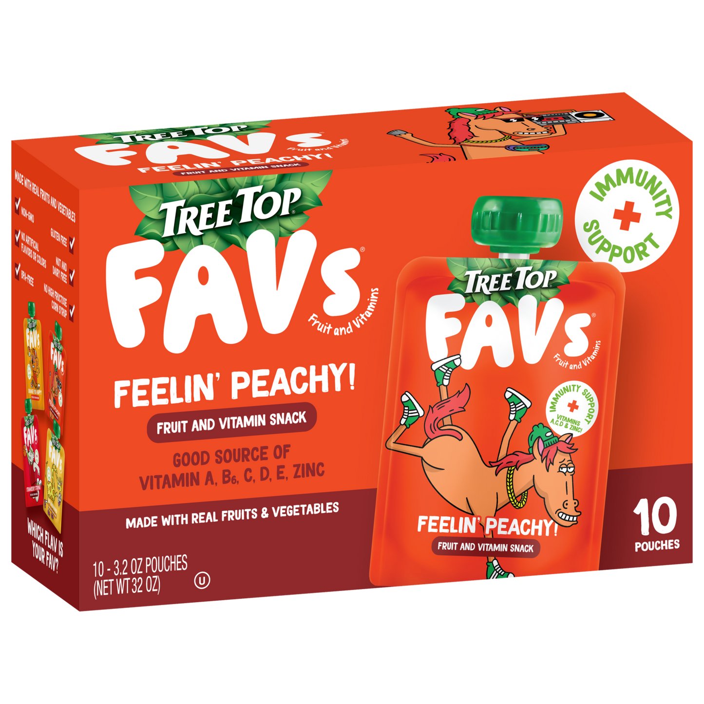 TREE TOP FAVS PEACH FRUIT AND VITAMIN IMMUNITY POUCHES 3.2 OZ 10 PACK