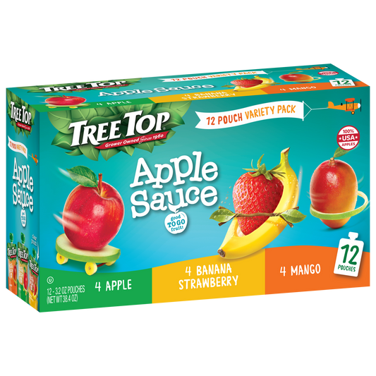 TREE TOP APPLE SAUCE POUCH VARIETY PACK - APPLE, BANANA-STRAWBERRY AND MANGO 3.2 OZ 12 PACK