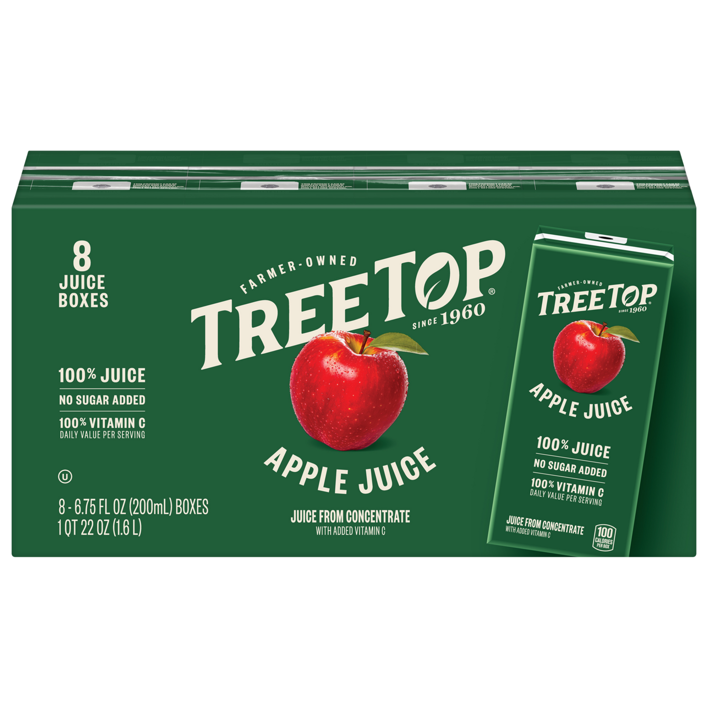 Tree Top Apple Juice Boxes, 100% Juice, No added sugar, 100% vitamin C (Daily Value per serving), Juice from concentrate, 8 Juice Boxes of 6.75 FL OZ Boxes, 1 QT 22 OZ (1.6 L), 100 Calories Per serving