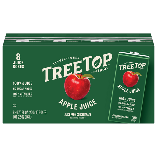 Tree Top Apple Juice Boxes, 100% Juice, No added sugar, 100% vitamin C (Daily Value per serving), Juice from concentrate, 8 Juice Boxes of 6.75 FL OZ Boxes, 1 QT 22 OZ (1.6 L), 100 Calories Per serving