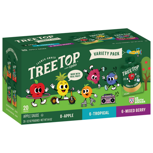 Tree Top Variety Pack (Apple, Tropical, Strawberry) Apple Sauce, 20 Pouches of 3.2 OZ Pouches, Made with real fruit, Net WT 64 OZ