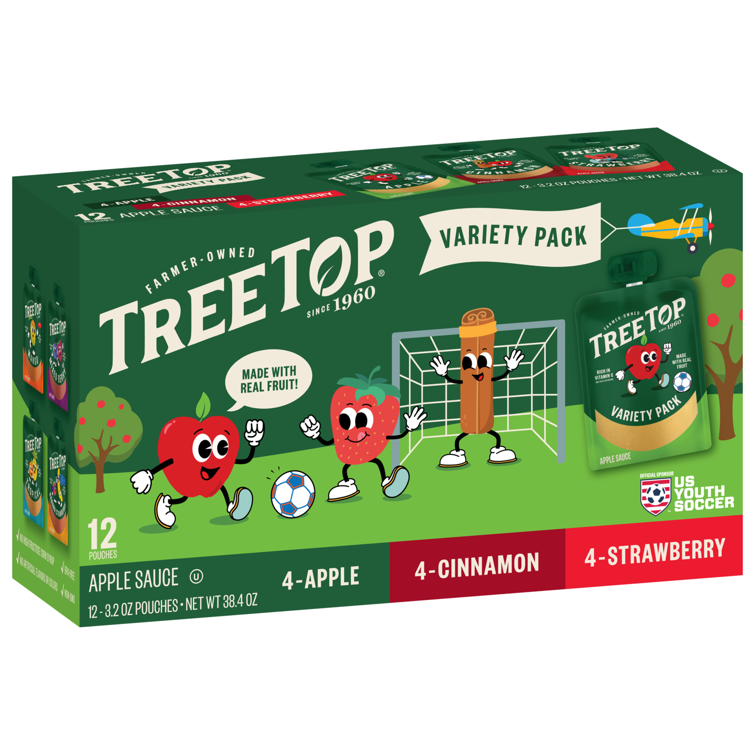 A variety pack of Tree Top apple sauce pouches featuring apple, strawberry, and cinnamon flavors. The packaging is colorful with cartoon fruit characters and soccer-themed elements.