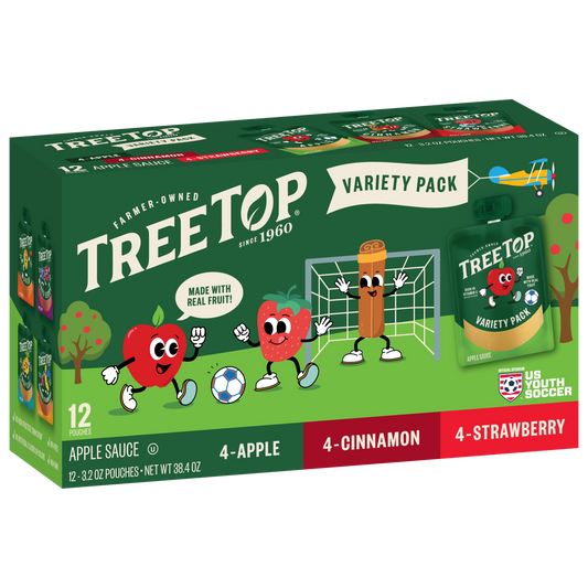 A variety pack of Tree Top apple sauce pouches featuring apple, strawberry, and cinnamon flavors. The packaging is colorful with cartoon fruit characters and soccer-themed elements.