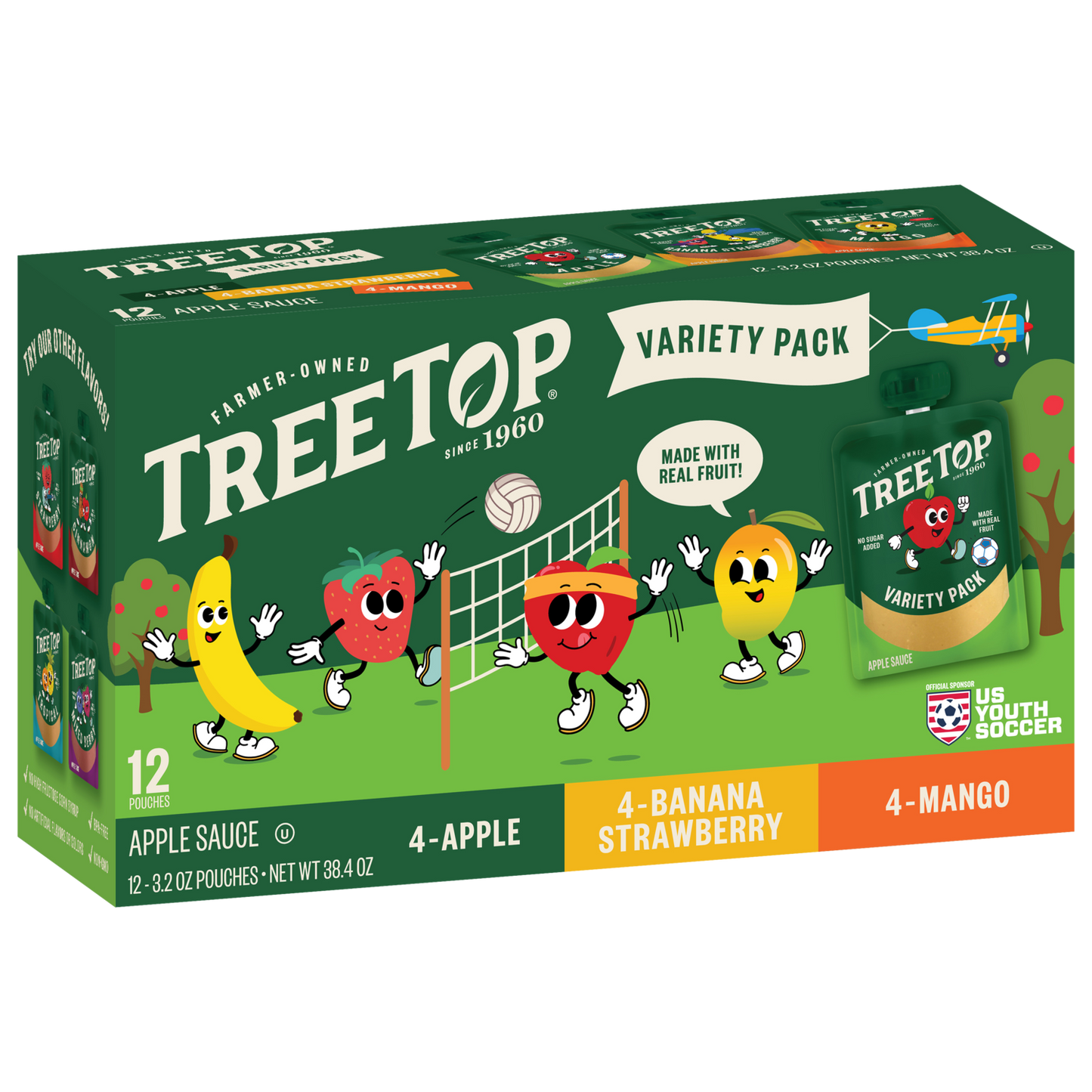Tree Top Variety Pack (Apple, Banana Strawberry, Mango), 12 Pouches of 3.2 OZ Pouches, No sugar added, Made with real fruit, Net WT 38.4OZ