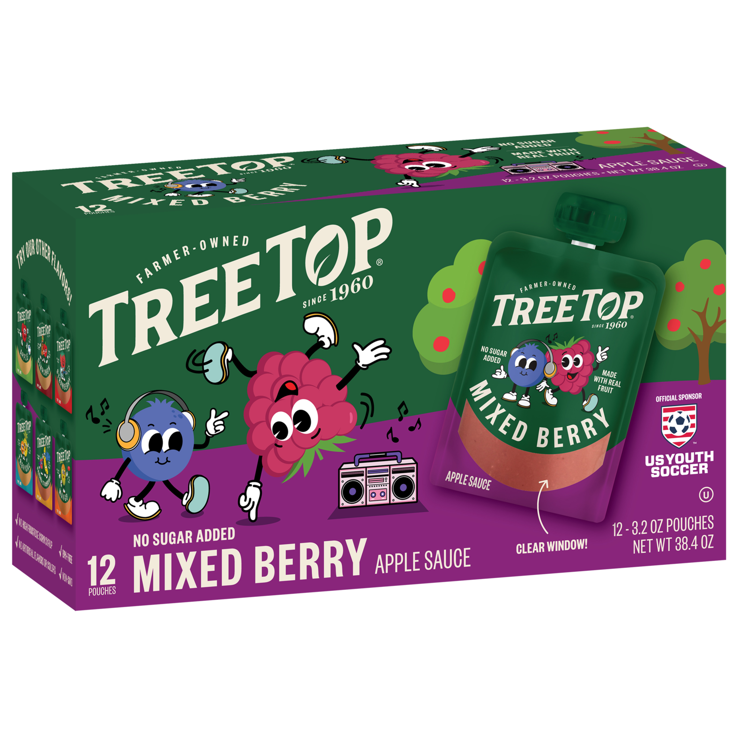 Tree Top Mixed Berry Apple Sauce, 12 Pouches of 3.2 OZ Pouches, No sugar added, Made with real fruit, Net WT 38.4 OZ