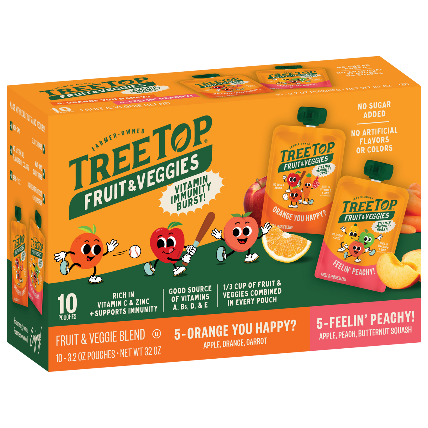 Pack of TREE TOP FAVS fruit and vegetable pouches in orange and peach flavors, with a cartoon apple and orange characters, containing 10 pouches.