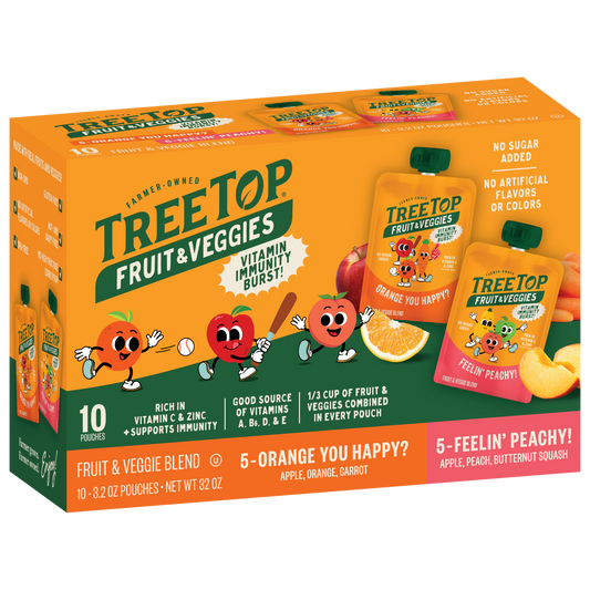 Pack of TREE TOP FAVS fruit and vegetable pouches in orange and peach flavors, with a cartoon apple and orange characters, containing 10 pouches.