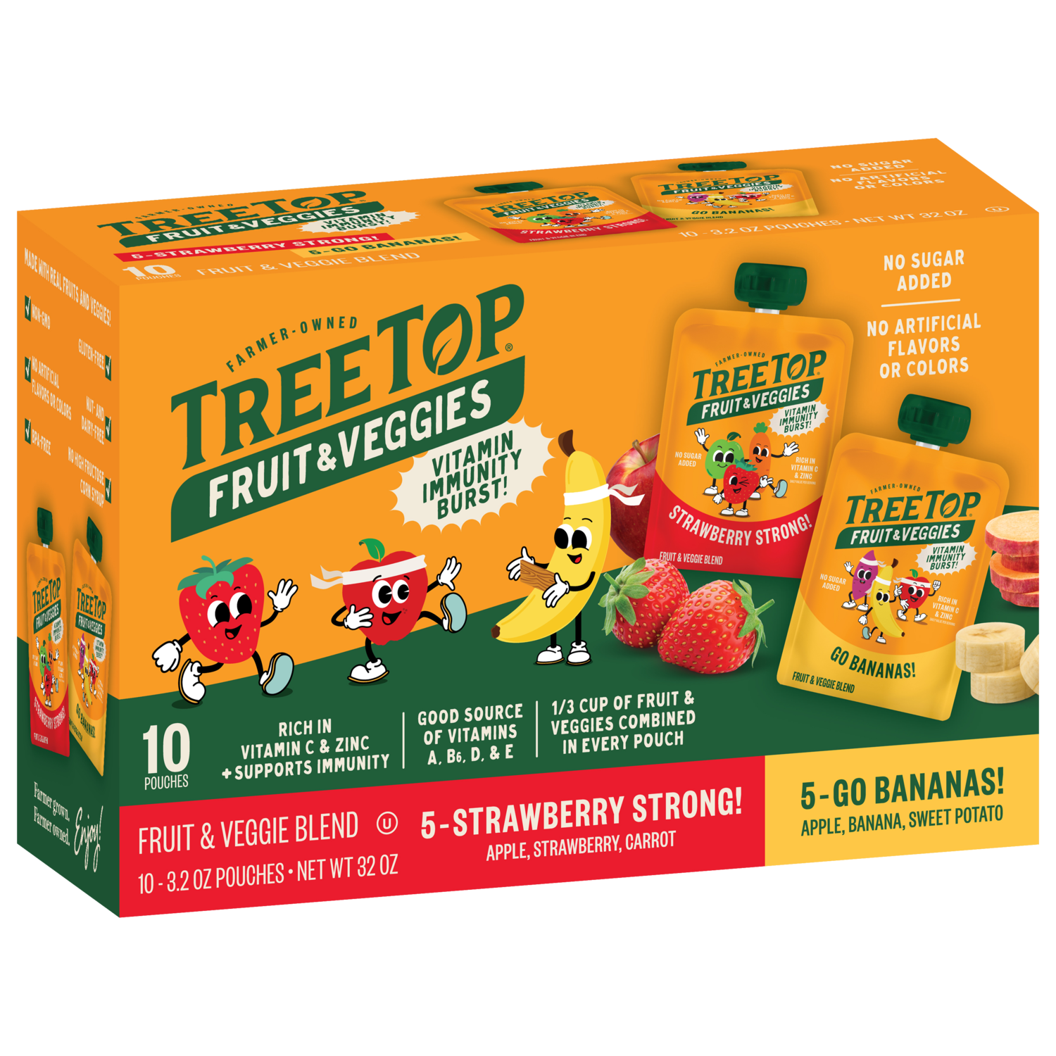 Pack of TREE TOP Fruit & Veggies pouches, featuring strawberry and banana flavors with illustrations of fruits and characters on the packaging.