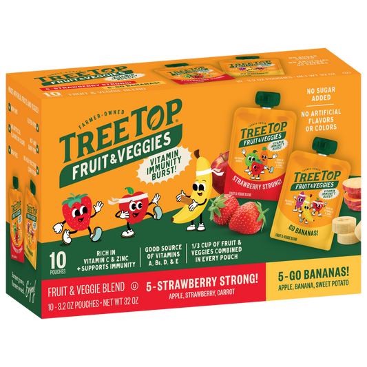 Pack of TREE TOP Fruit & Veggies pouches, featuring strawberry and banana flavors with illustrations of fruits and characters on the packaging.